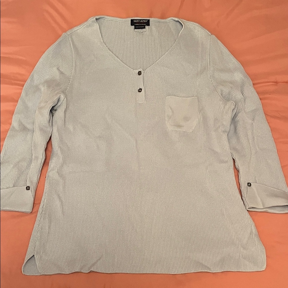 Saint James Light Blue Knit Henley 3/4 Sweater Top size large